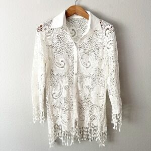 Simply Couture White Eyelet Lace Fringe Button Down Long SleeveTop Women's XL